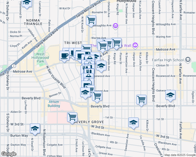 map of restaurants, bars, coffee shops, grocery stores, and more near 458 North Alfred Street in West Hollywood