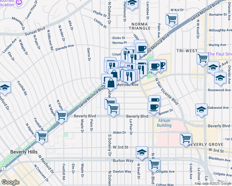map of restaurants, bars, coffee shops, grocery stores, and more near 9028 Rangely Avenue in West Hollywood