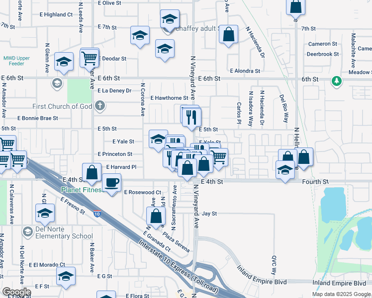 map of restaurants, bars, coffee shops, grocery stores, and more near 1221 North Vineyard Avenue in Ontario
