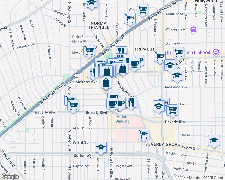 map of restaurants, bars, coffee shops, grocery stores, and more near 8741 Dorrington Avenue in West Hollywood