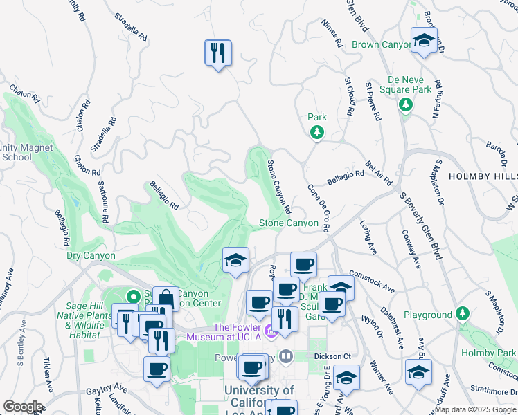 map of restaurants, bars, coffee shops, grocery stores, and more near 10644 Bellagio Road in Los Angeles