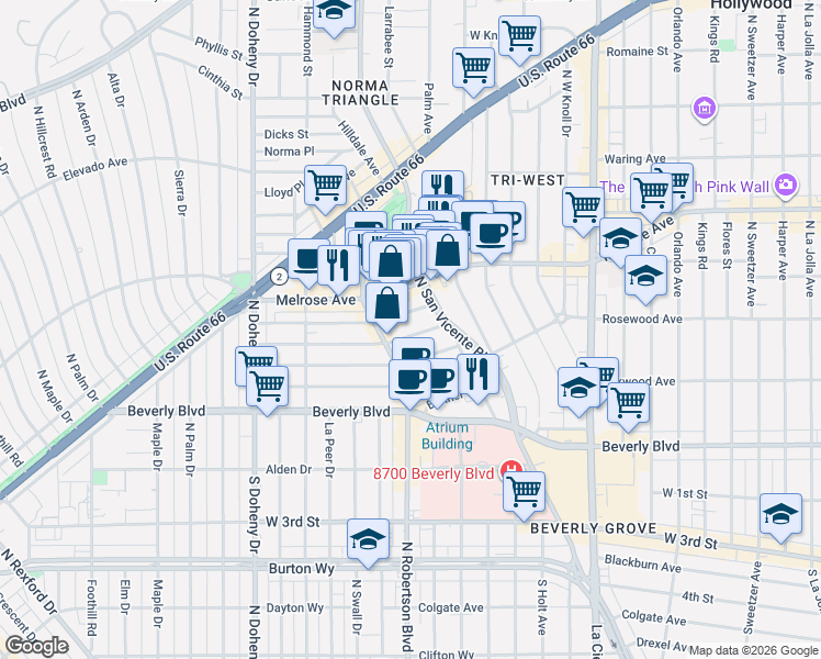 map of restaurants, bars, coffee shops, grocery stores, and more near 8717 Dorrington Avenue in West Hollywood