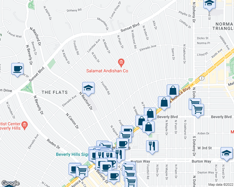 map of restaurants, bars, coffee shops, grocery stores, and more near 611 North Elm Drive in Beverly Hills