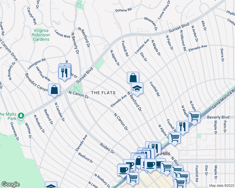 map of restaurants, bars, coffee shops, grocery stores, and more near 706 North Crescent Drive in Beverly Hills