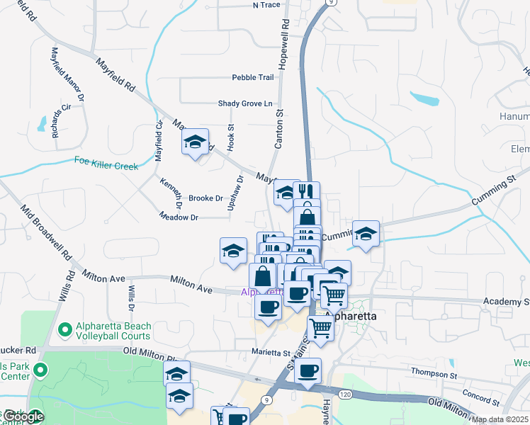 map of restaurants, bars, coffee shops, grocery stores, and more near 148 Canton Street in Alpharetta