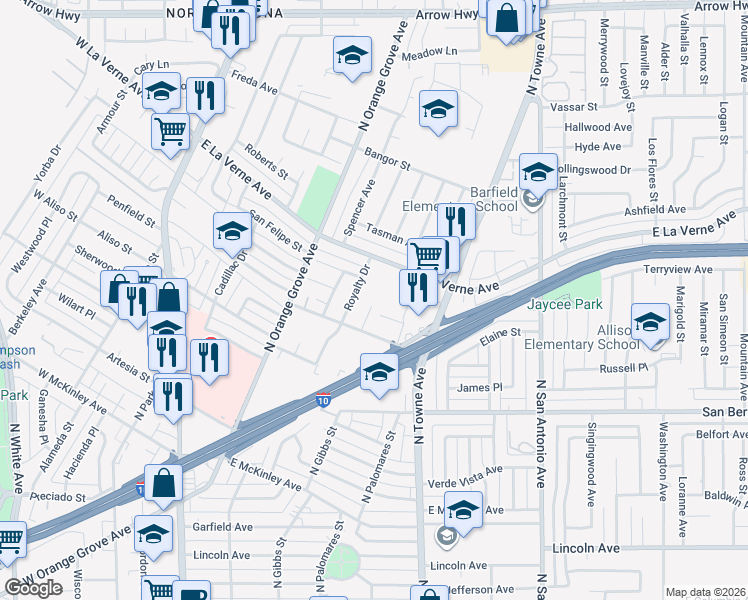 map of restaurants, bars, coffee shops, grocery stores, and more near 2087 Via Lido Place in Pomona