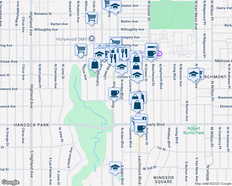 map of restaurants, bars, coffee shops, grocery stores, and more near 532 North Rossmore Avenue in Los Angeles