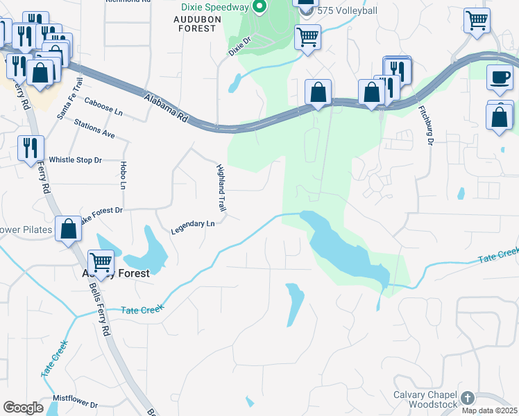 map of restaurants, bars, coffee shops, grocery stores, and more near 199 Cross Brook Drive in Acworth