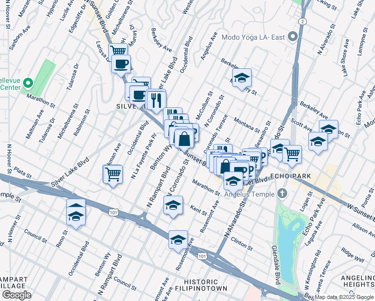 map of restaurants, bars, coffee shops, grocery stores, and more near 2501 Sunset Boulevard in Los Angeles