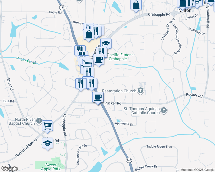 map of restaurants, bars, coffee shops, grocery stores, and more near 225 North Farm Drive in Alpharetta