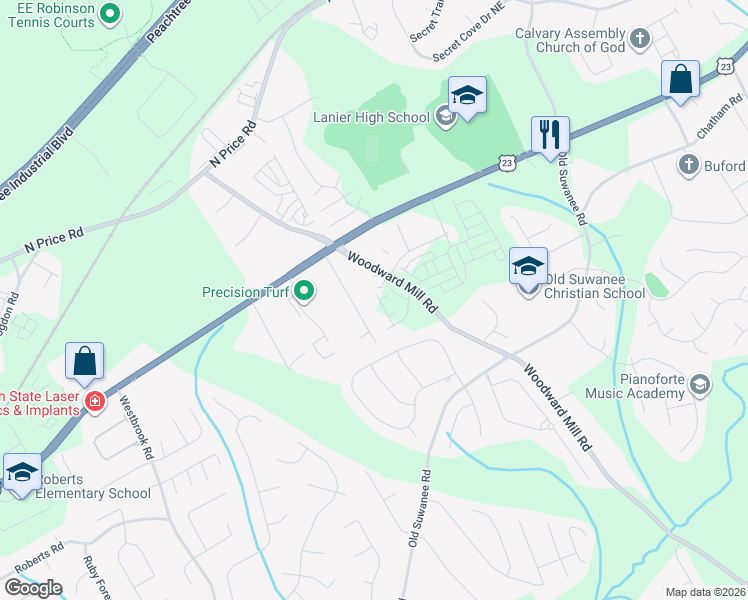 map of restaurants, bars, coffee shops, grocery stores, and more near 4298 Woodward Mill Road in Sugar Hill