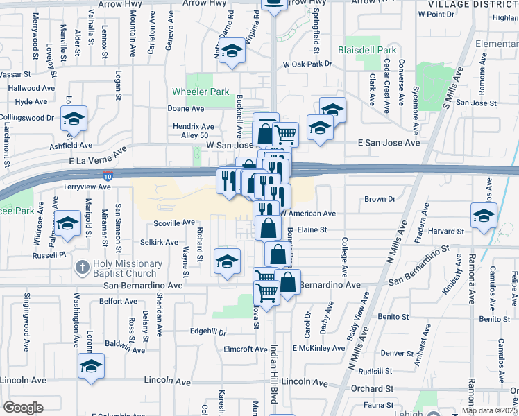map of restaurants, bars, coffee shops, grocery stores, and more near 410 Auto Center Drive in Claremont