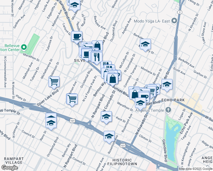 map of restaurants, bars, coffee shops, grocery stores, and more near 948 North Benton Way in Los Angeles