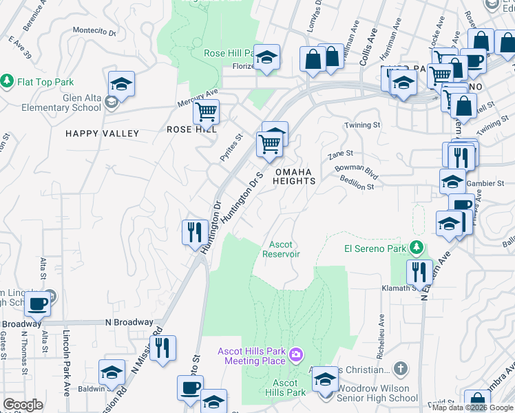 map of restaurants, bars, coffee shops, grocery stores, and more near 4365 O Neill Street in Los Angeles