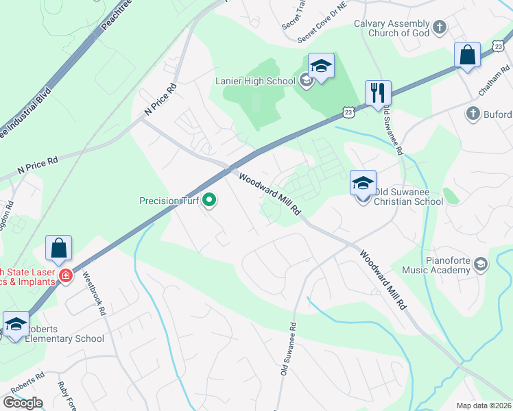 map of restaurants, bars, coffee shops, grocery stores, and more near 4298 Woodward Mill Road in Sugar Hill