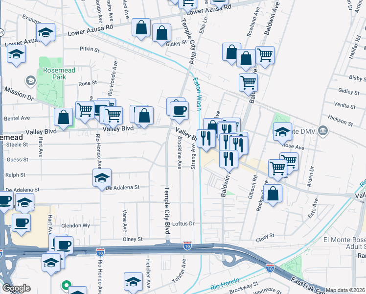 map of restaurants, bars, coffee shops, grocery stores, and more near 3857 Brookline Avenue in Rosemead