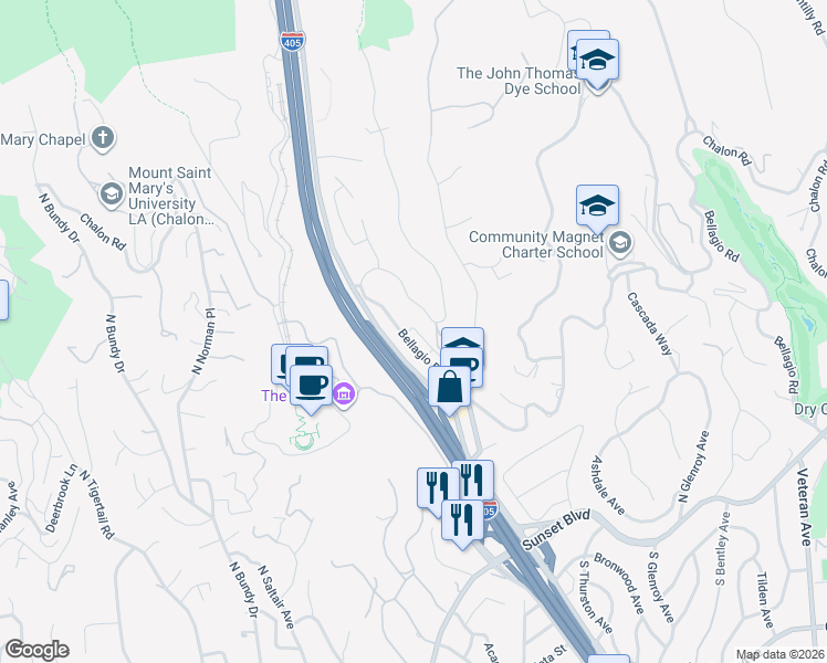 map of restaurants, bars, coffee shops, grocery stores, and more near 1060 Casiano Road in Los Angeles
