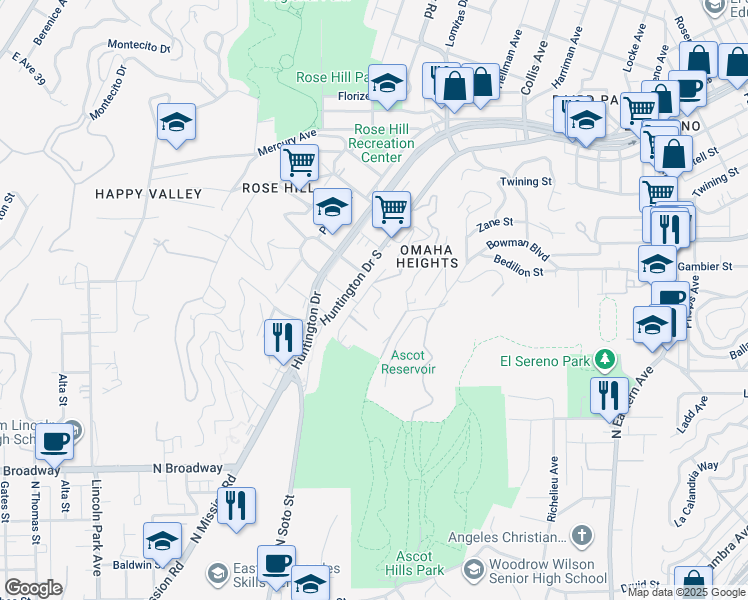 map of restaurants, bars, coffee shops, grocery stores, and more near 4365 O Neill Street in Los Angeles