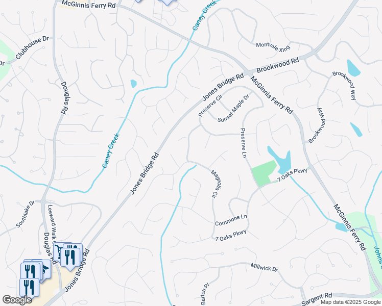 map of restaurants, bars, coffee shops, grocery stores, and more near 12322 Sunset Maple Terrace in Alpharetta