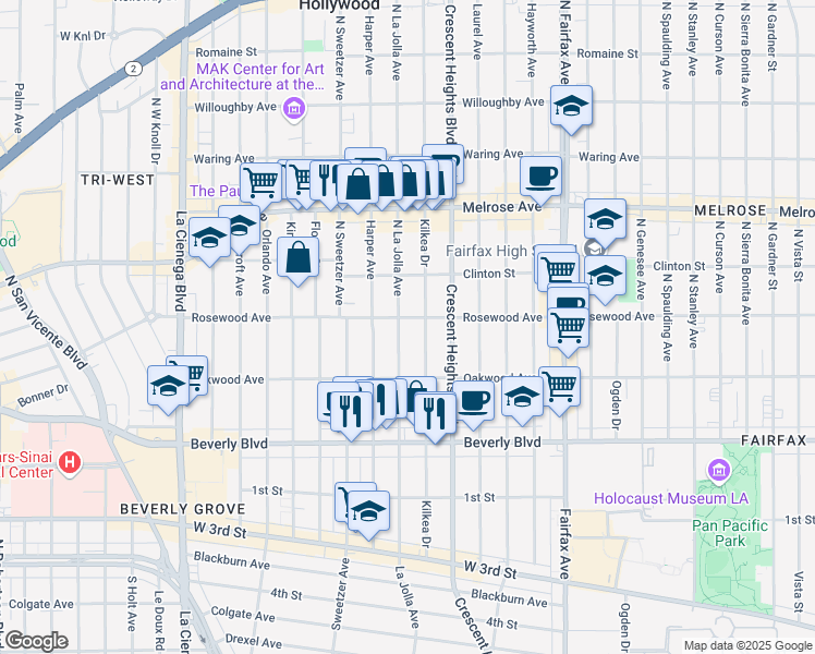 map of restaurants, bars, coffee shops, grocery stores, and more near 458 North La Jolla Avenue in Los Angeles