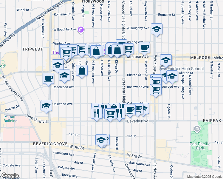 map of restaurants, bars, coffee shops, grocery stores, and more near 458 North La Jolla Avenue in Los Angeles