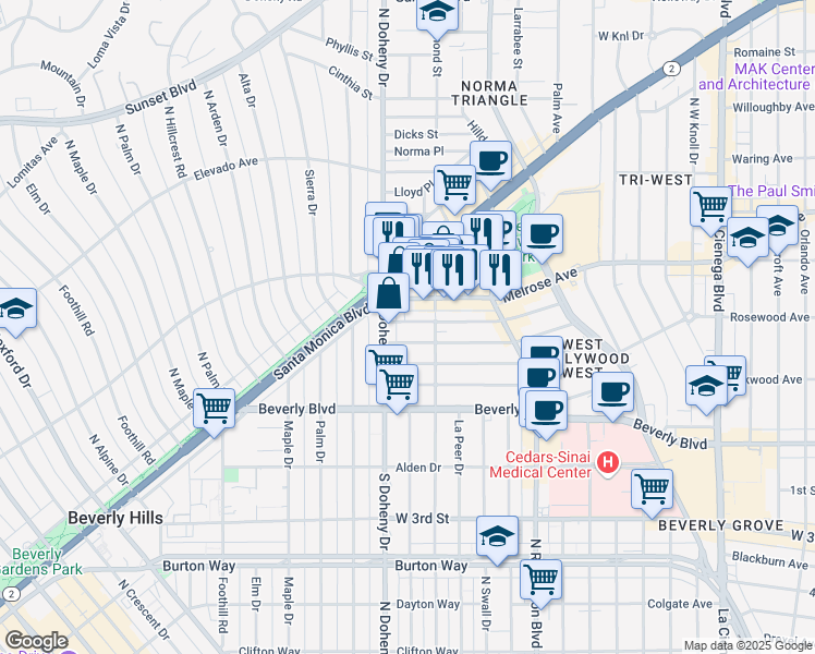 map of restaurants, bars, coffee shops, grocery stores, and more near 9028 Rangely Avenue in West Hollywood