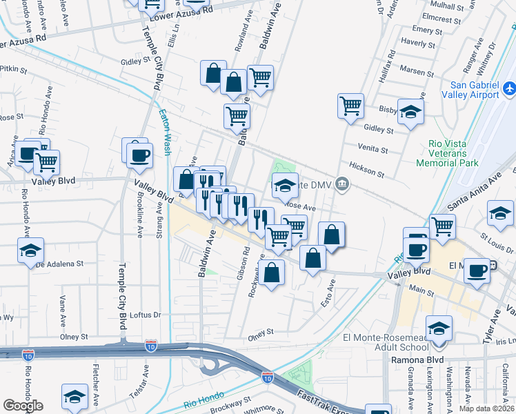 map of restaurants, bars, coffee shops, grocery stores, and more near 4025 Gibson Road in El Monte
