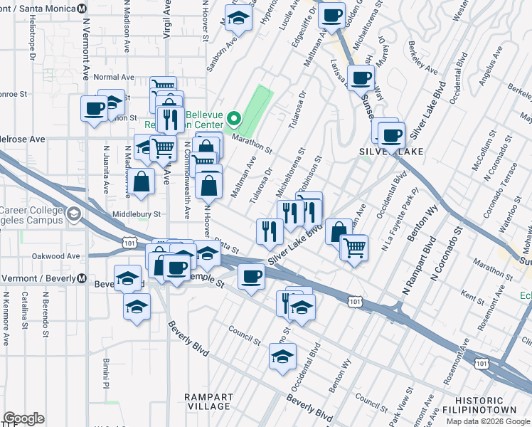 map of restaurants, bars, coffee shops, grocery stores, and more near 617 Micheltorena Street in Los Angeles