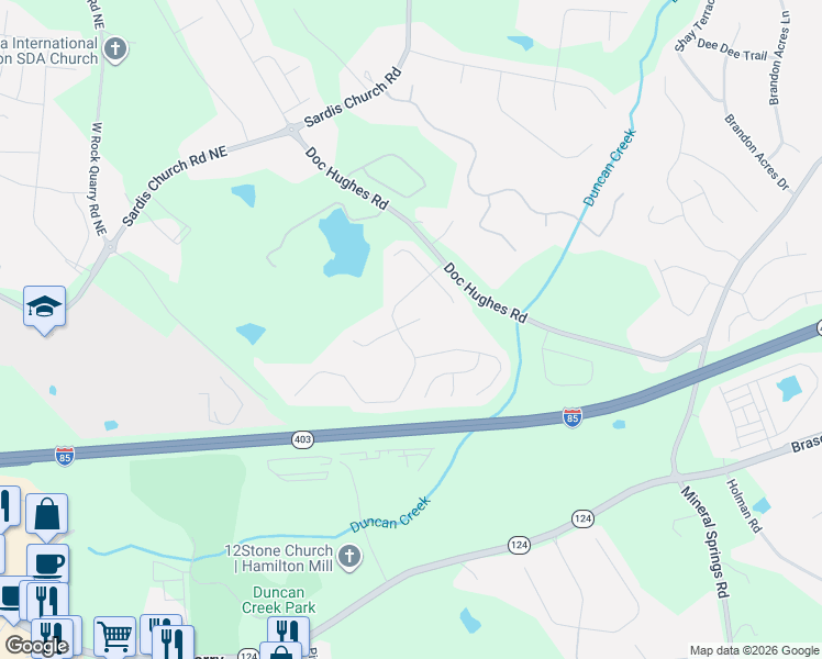 map of restaurants, bars, coffee shops, grocery stores, and more near 4202 Rovello Way Northeast in Buford