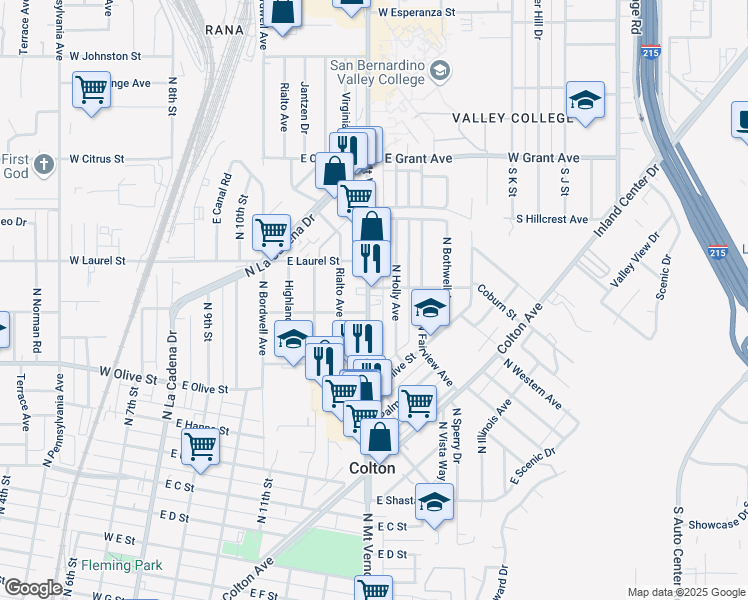 map of restaurants, bars, coffee shops, grocery stores, and more near 1290 North Mount Vernon Avenue in Colton