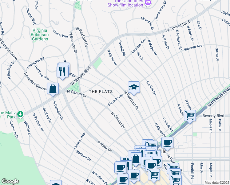 map of restaurants, bars, coffee shops, grocery stores, and more near 706 North Crescent Drive in Beverly Hills