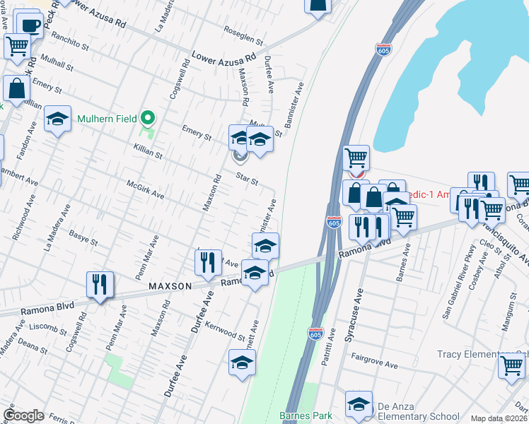 map of restaurants, bars, coffee shops, grocery stores, and more near 4453 Bannister Avenue in El Monte