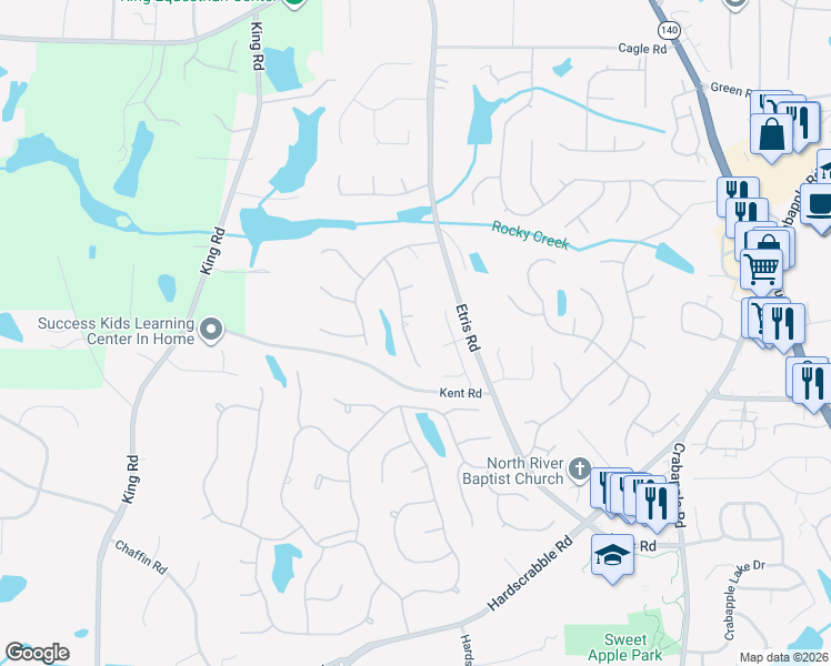 map of restaurants, bars, coffee shops, grocery stores, and more near 12245 Asbury Park Drive in Roswell