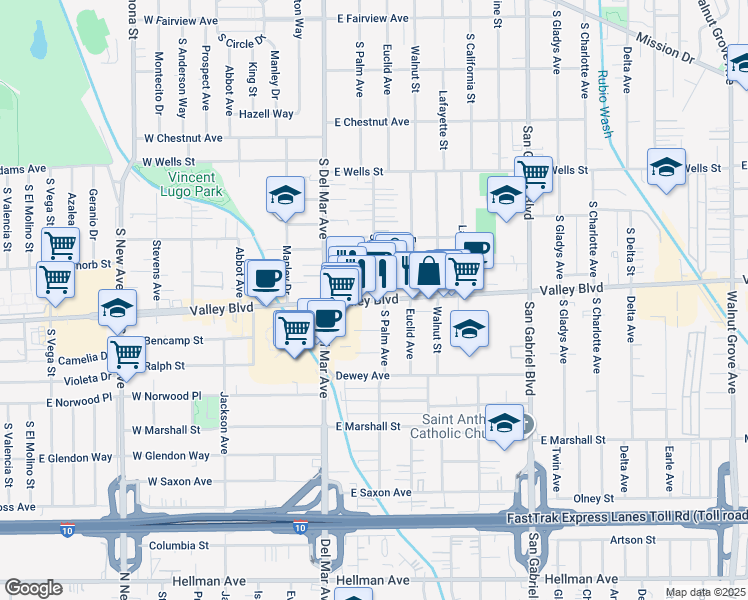 map of restaurants, bars, coffee shops, grocery stores, and more near 200 Valley Boulevard in San Gabriel