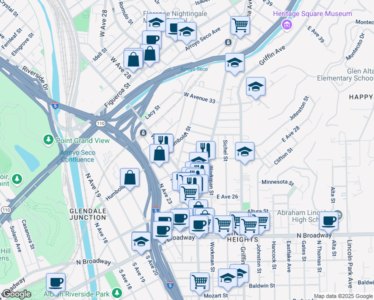 map of restaurants, bars, coffee shops, grocery stores, and more near 151 West Avenue 28 in Los Angeles
