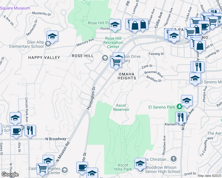 map of restaurants, bars, coffee shops, grocery stores, and more near 4365 O Neill Street in Los Angeles