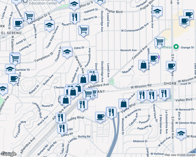 map of restaurants, bars, coffee shops, grocery stores, and more near 2930 Dorchester Avenue in Los Angeles