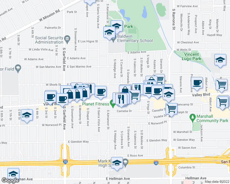 map of restaurants, bars, coffee shops, grocery stores, and more near 777 East Valley Boulevard in Alhambra