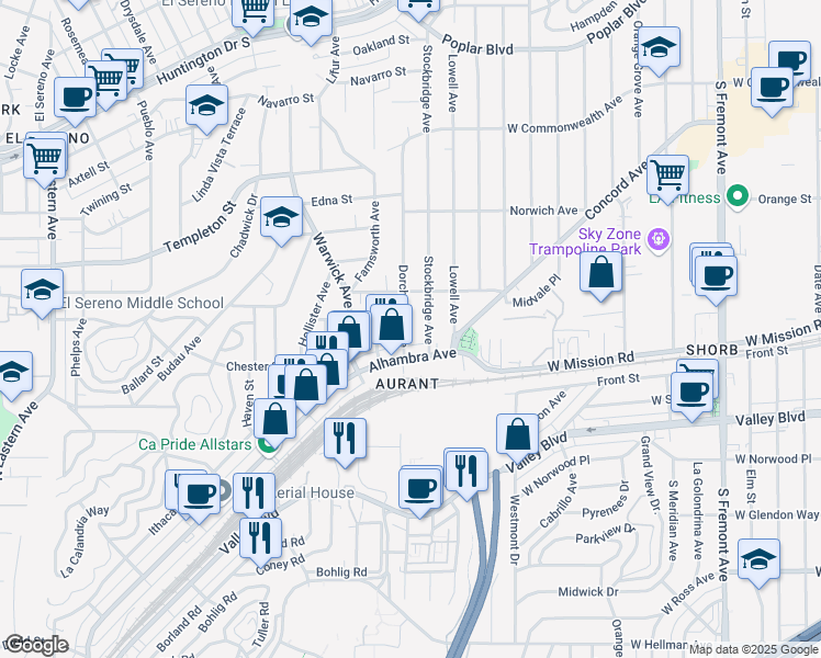 map of restaurants, bars, coffee shops, grocery stores, and more near 2930 Dorchester Avenue in Los Angeles