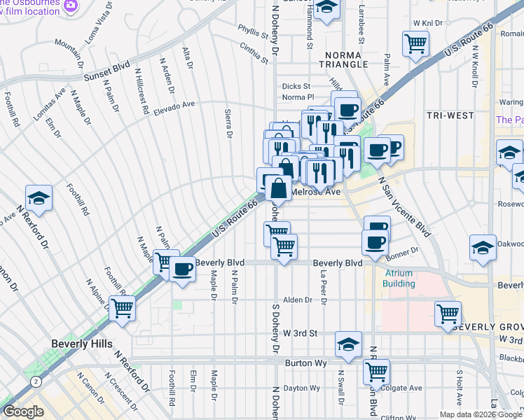 map of restaurants, bars, coffee shops, grocery stores, and more near in Beverly Hills