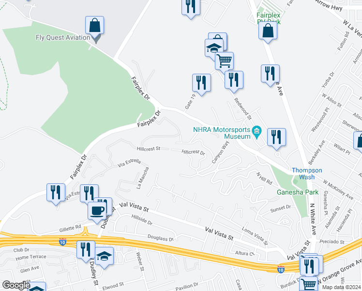 map of restaurants, bars, coffee shops, grocery stores, and more near 1328 El Paraiso Drive in Pomona