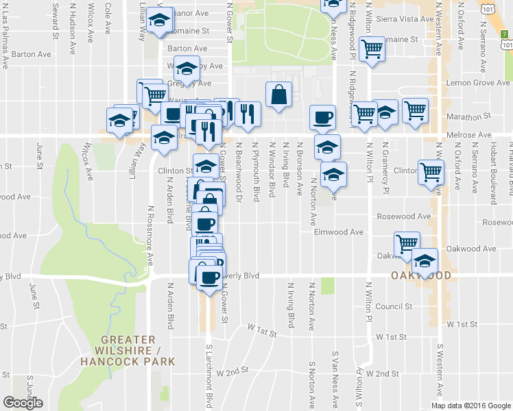 map of restaurants, bars, coffee shops, grocery stores, and more near 533 North Plymouth Boulevard in Los Angeles