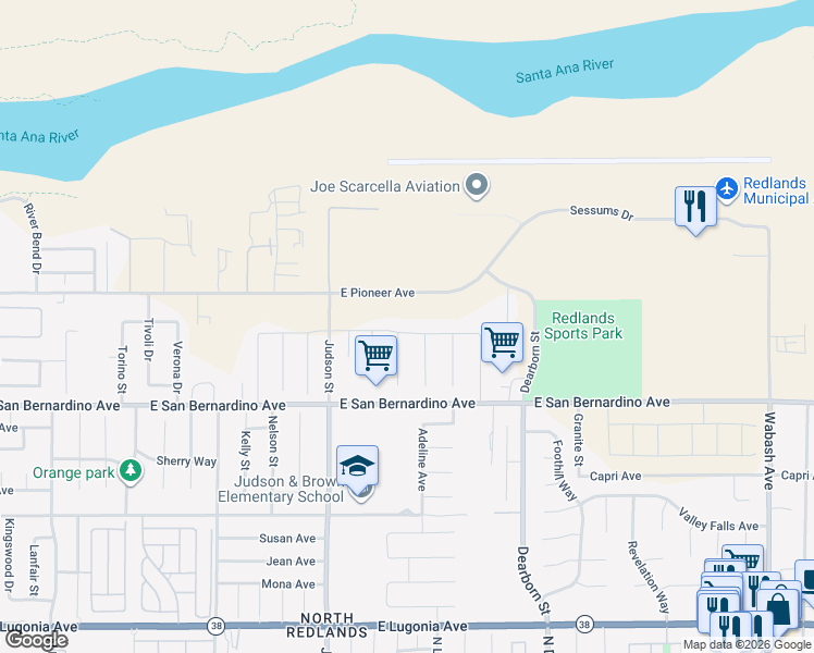 map of restaurants, bars, coffee shops, grocery stores, and more near 1471 Lucas Lane in Redlands