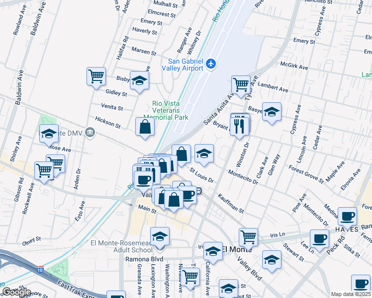 map of restaurants, bars, coffee shops, grocery stores, and more near 10737 1/2 Saint Louis Drive in El Monte
