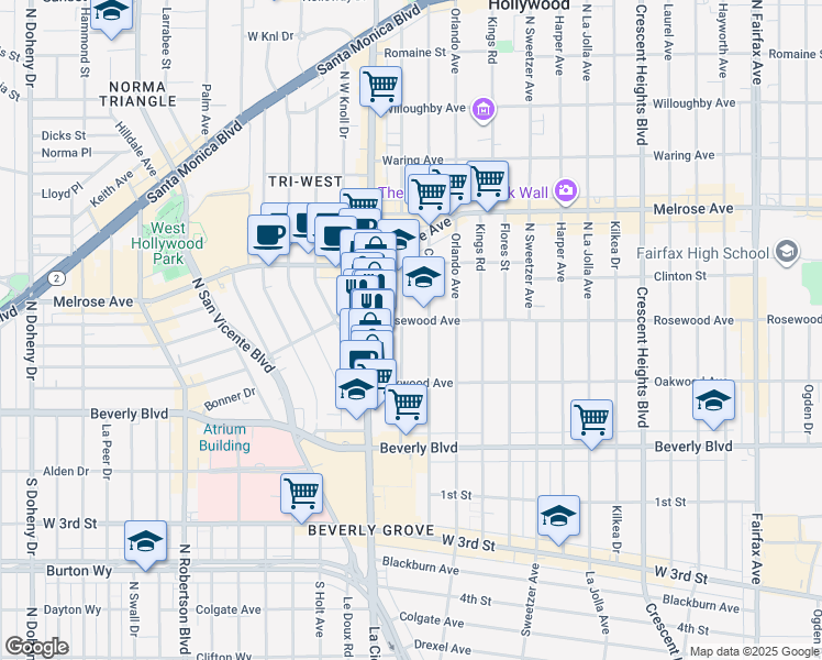 map of restaurants, bars, coffee shops, grocery stores, and more near 469 North Alfred Street in Los Angeles