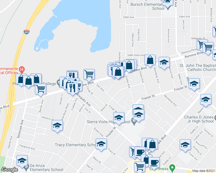 map of restaurants, bars, coffee shops, grocery stores, and more near 3813 Cosbey Street in Baldwin Park