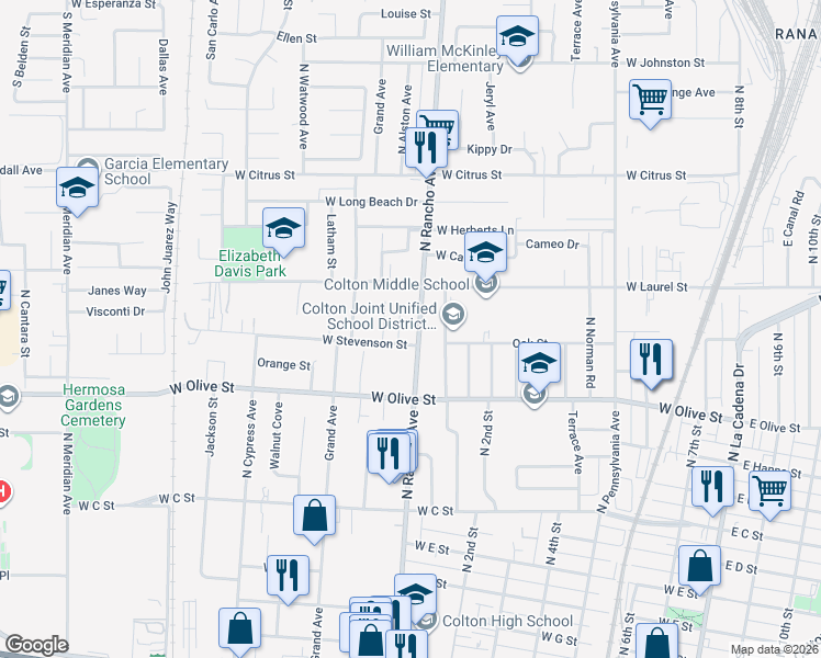 map of restaurants, bars, coffee shops, grocery stores, and more near 1230 North Rancho Avenue in Colton