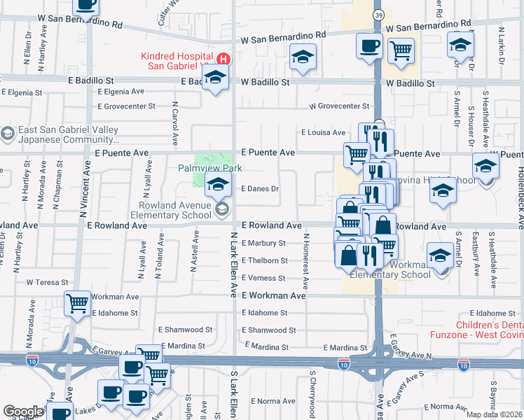 map of restaurants, bars, coffee shops, grocery stores, and more near 1438 East Pioneer Drive in West Covina
