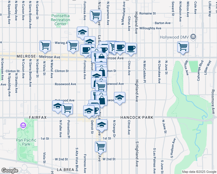 map of restaurants, bars, coffee shops, grocery stores, and more near 450 North Sycamore Avenue in Los Angeles