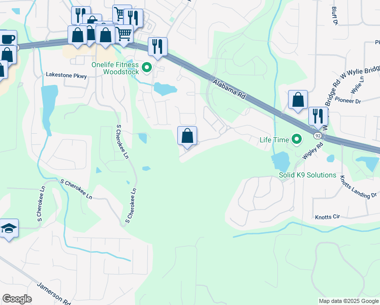 map of restaurants, bars, coffee shops, grocery stores, and more near 264 Glens Loop in Woodstock